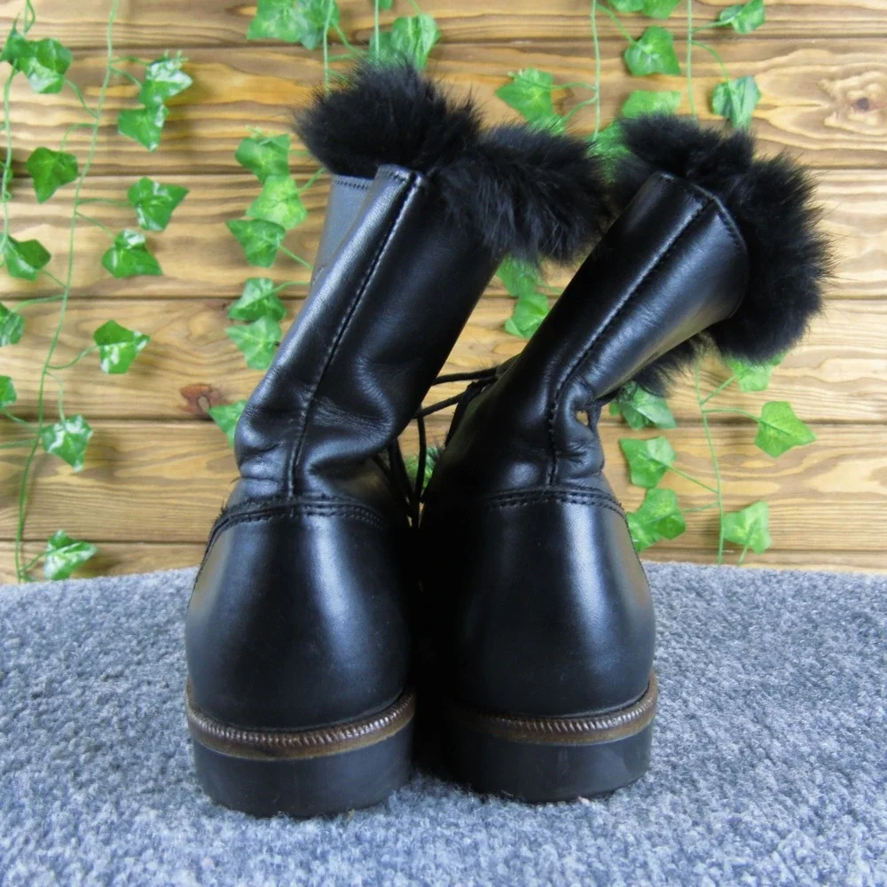 Kamouraska Canada Black Leather Fur Trim Lace Up‎ Winter Boots 7